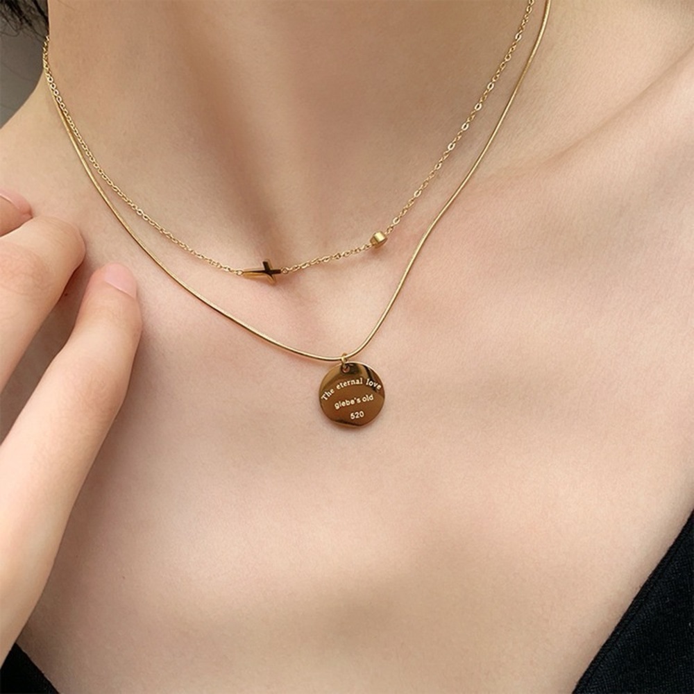 18K Gold Plated Double Layered Necklace*Stackable Cross Necklace*Round PendantLW - Picture 7 of 8